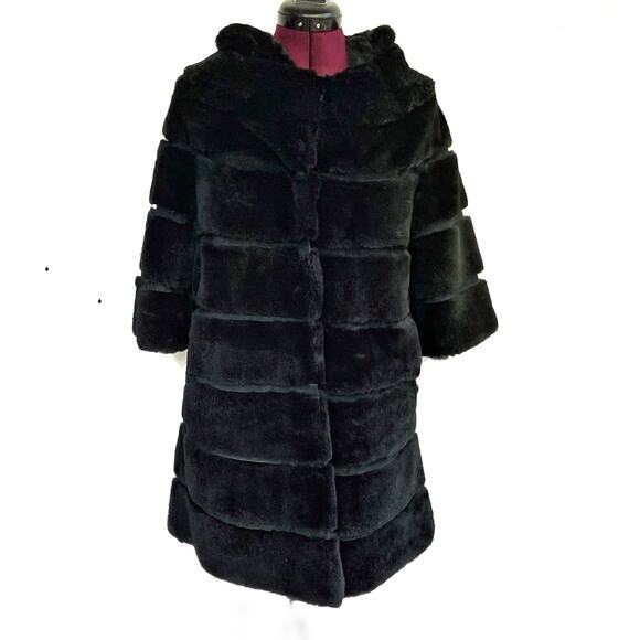Linda Richards Black Rabbit Fur Coat | Fall Winter Luxury Satin Lined Outerwear - Picture 1 of 16
